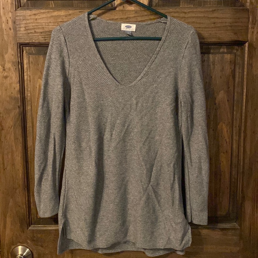 Grey V-neck knit sweater